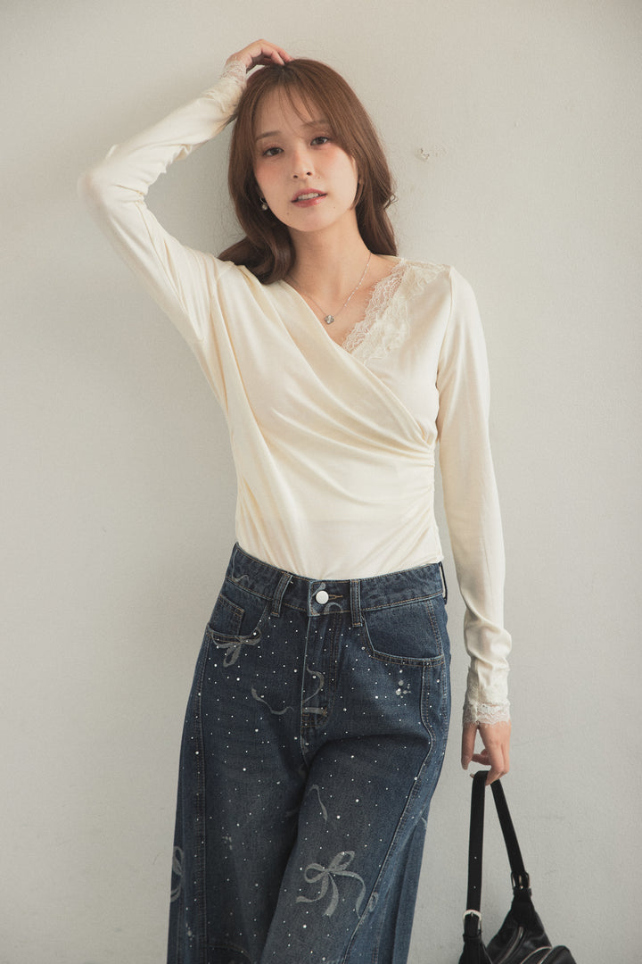 バックオープンレースカシュクールトップス