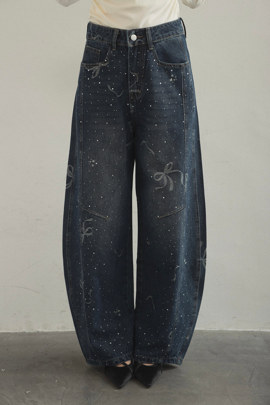 ヴィンテージリボンバレルデニムパンツ(ラインストーン)