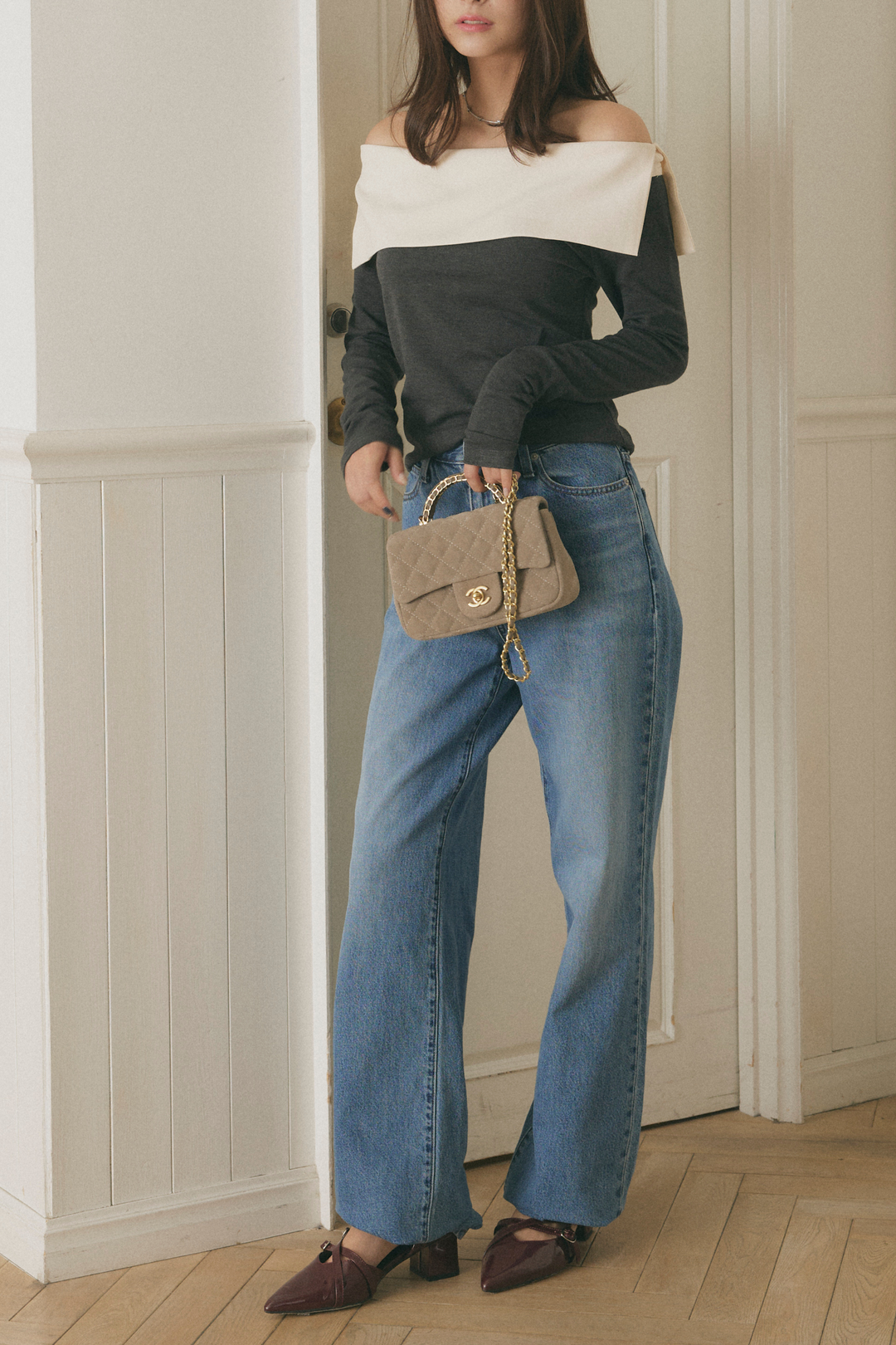 バイカラーオフショルクラシックトップス – maison-nua_shop