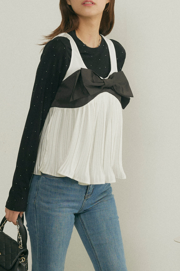 バイカラーリボンプリーツトップス