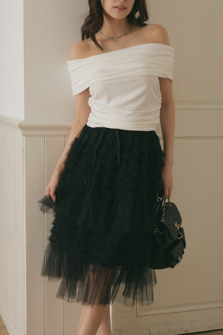 Chân váy midi voan bèo nhún