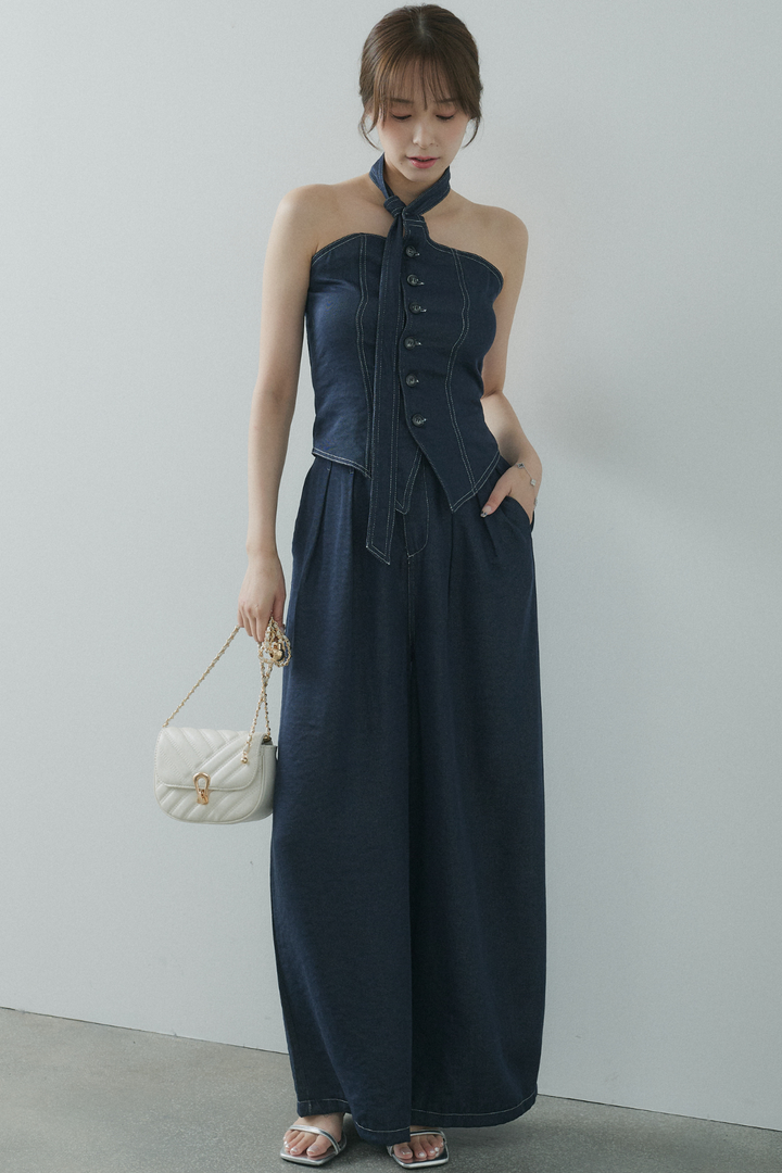 タイ付デニムベアトップ×タックデニムワイドパンツ