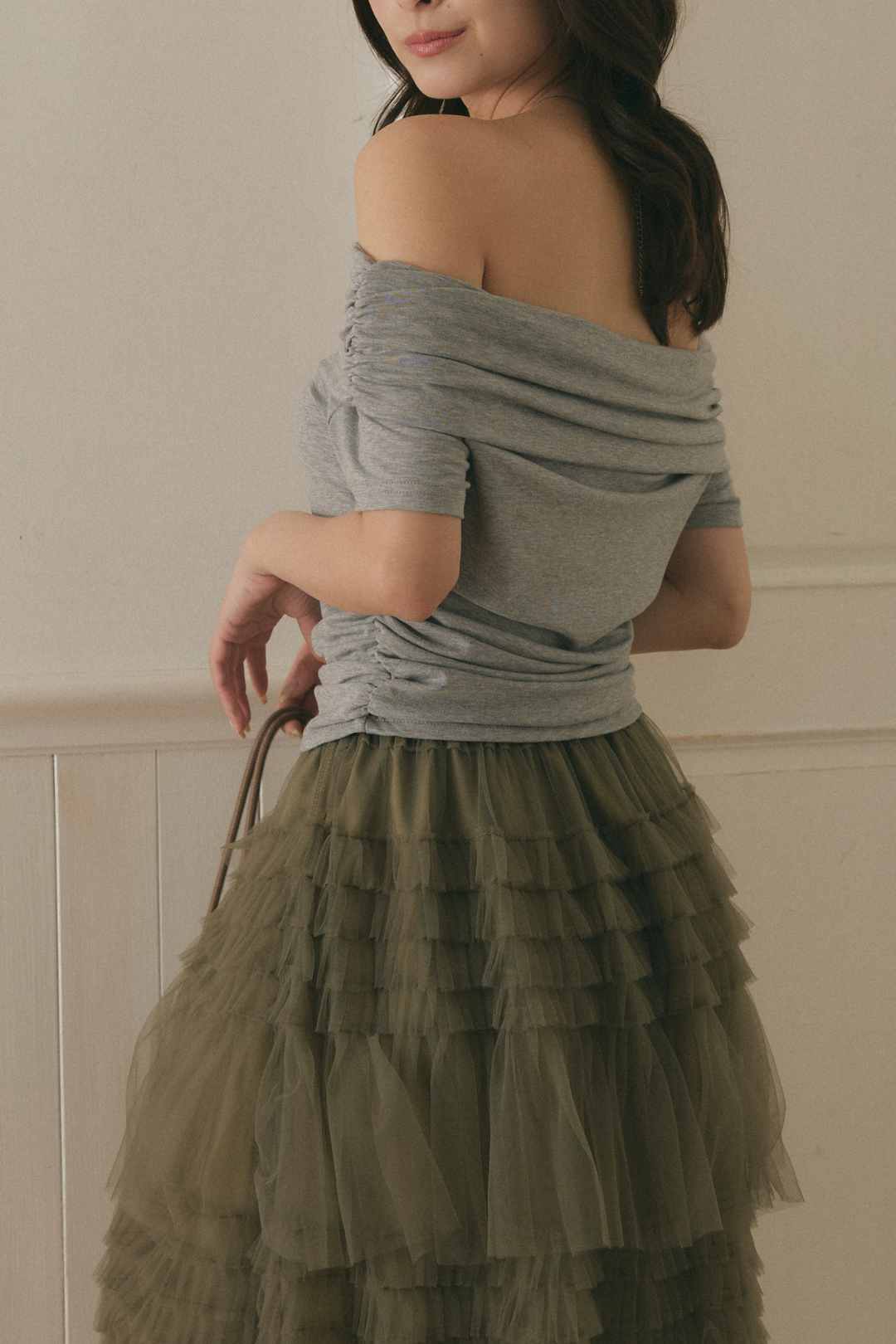 Chân váy midi voan bèo nhún