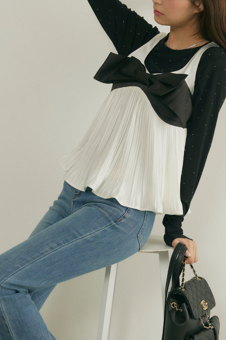 バイカラーリボンプリーツトップス