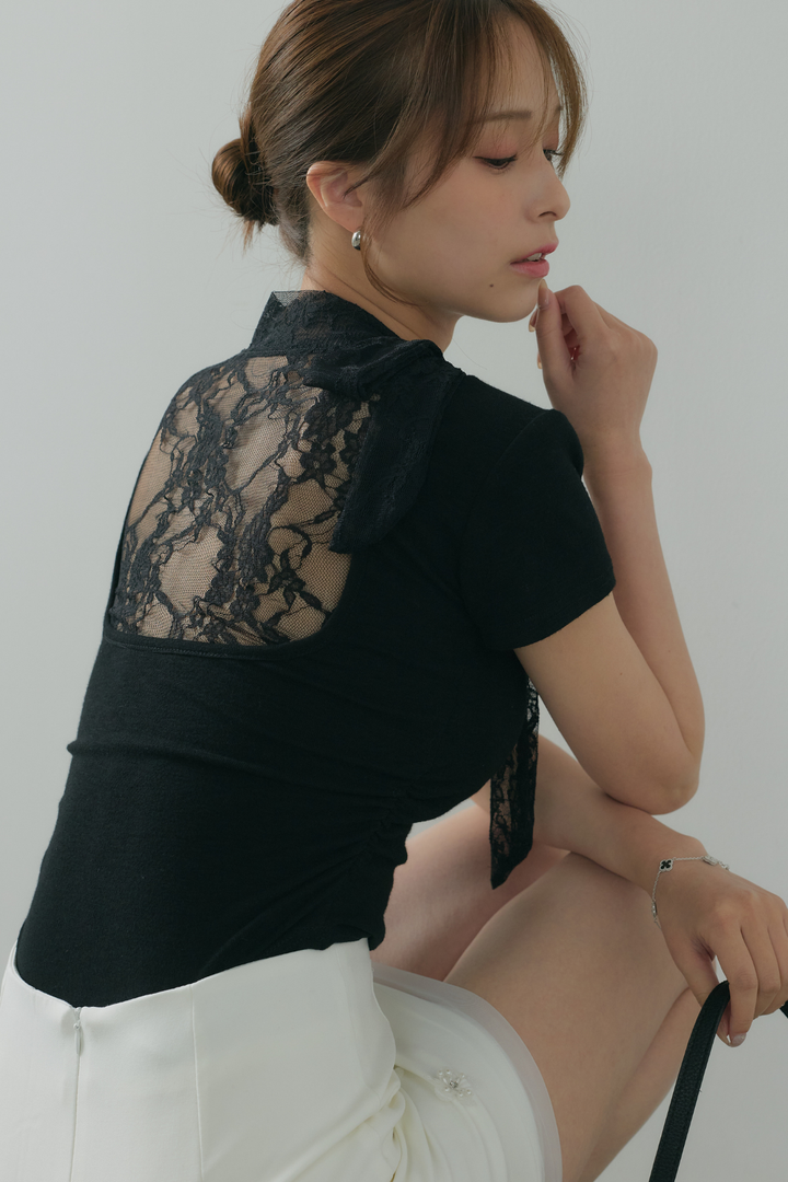 タイ付バックレースTシャツ