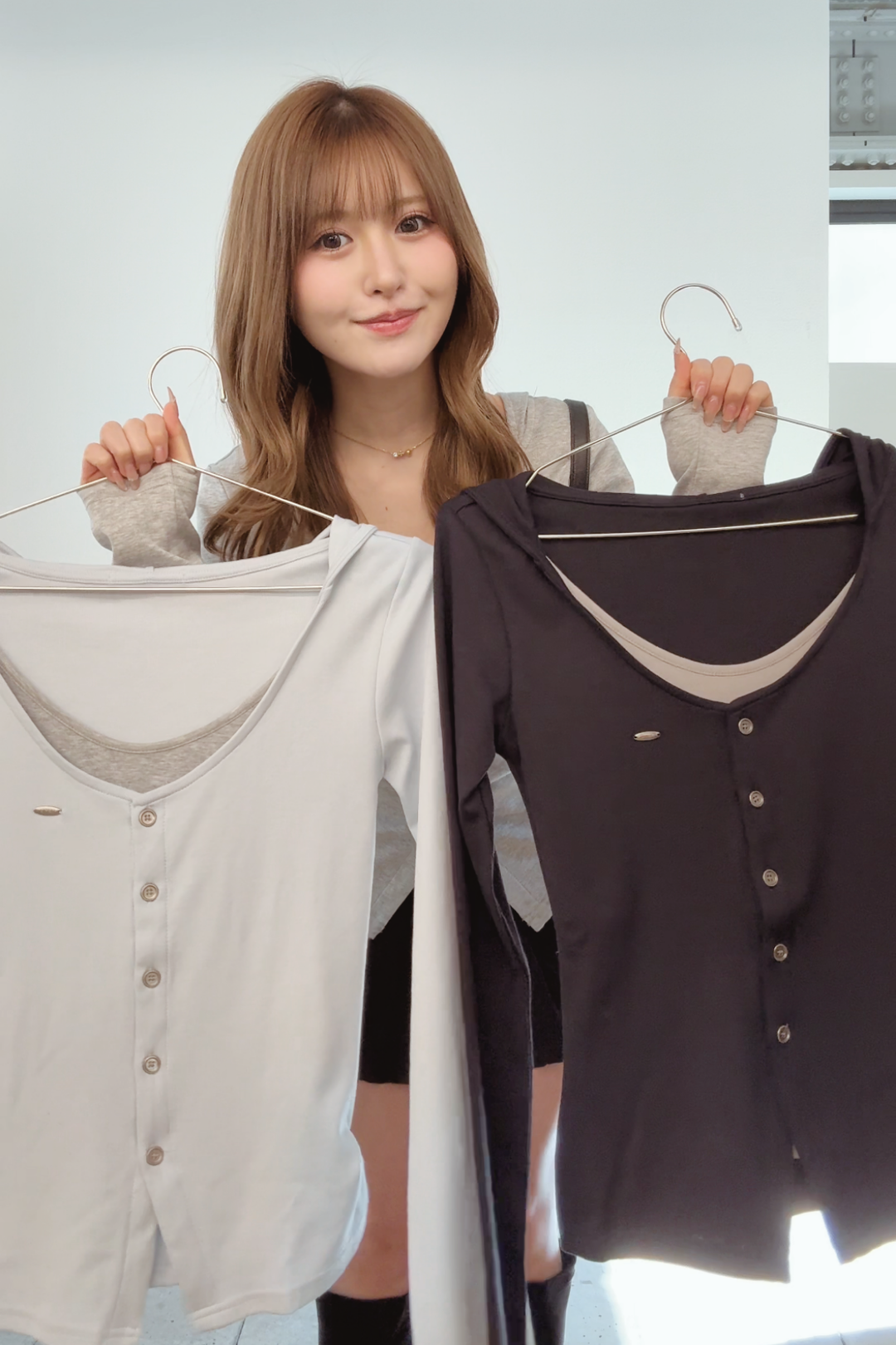 配色レイヤードボタントップス