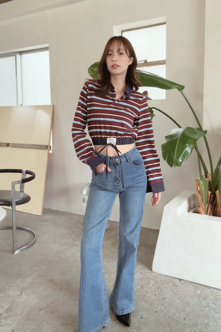 ストライプウエストギャザートップス