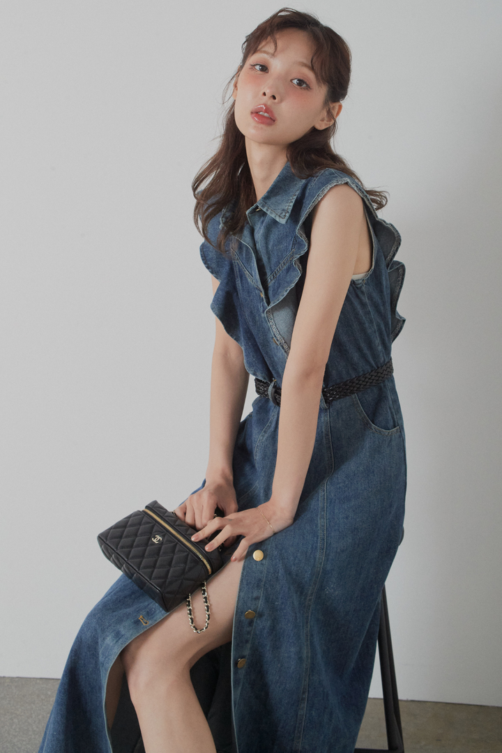 ショルダーフリルデニムロングワンピース