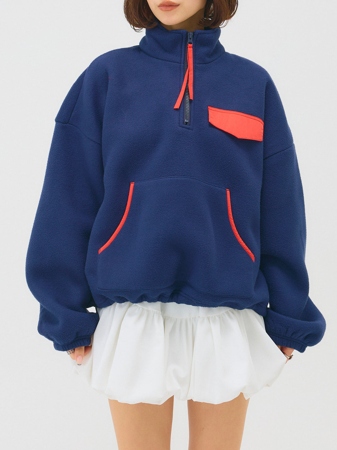 配色フリースオーバーサイズトップス/NAVY