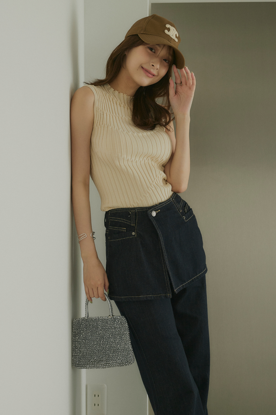 レイヤード風デニムワイドパンツ