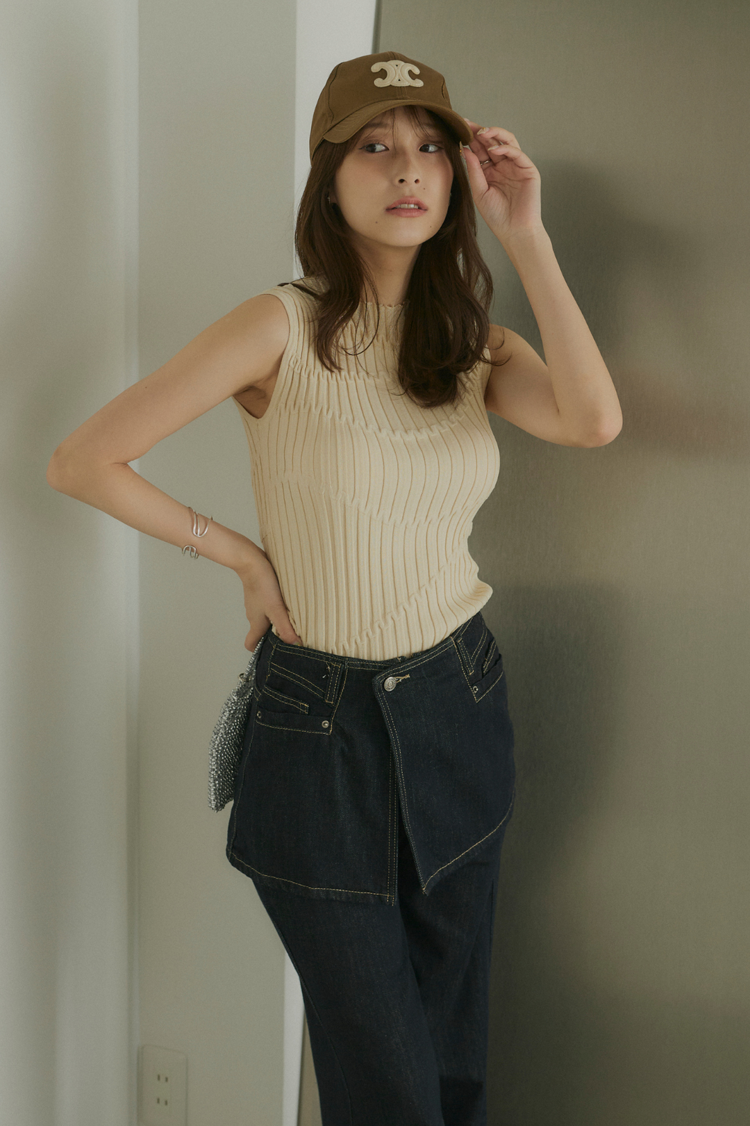 レイヤード風デニムワイドパンツ