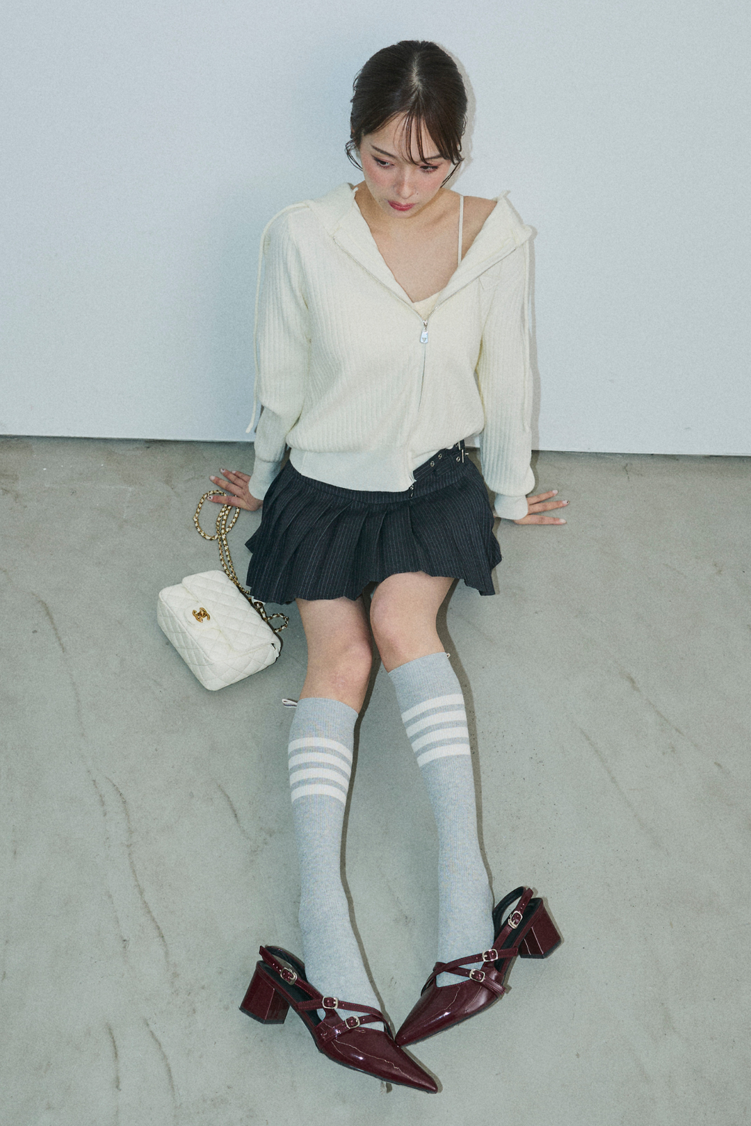 ダブルベルトストライプスカート