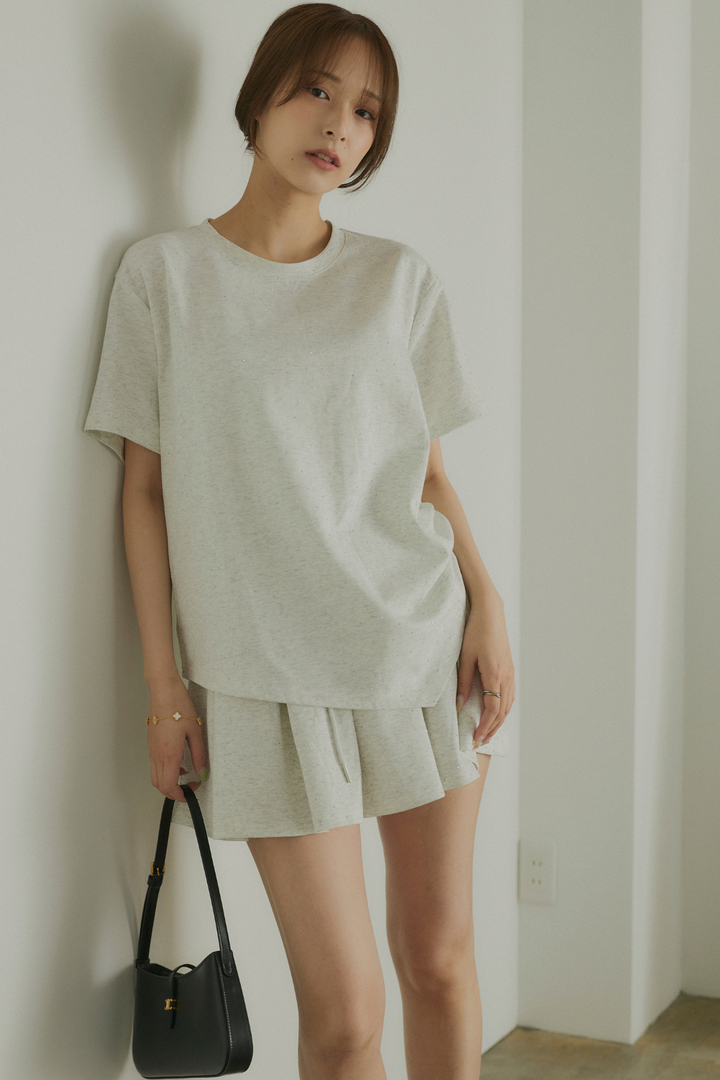 ストーン付サイドドロストTシャツ&ミニスカートセットアップ
