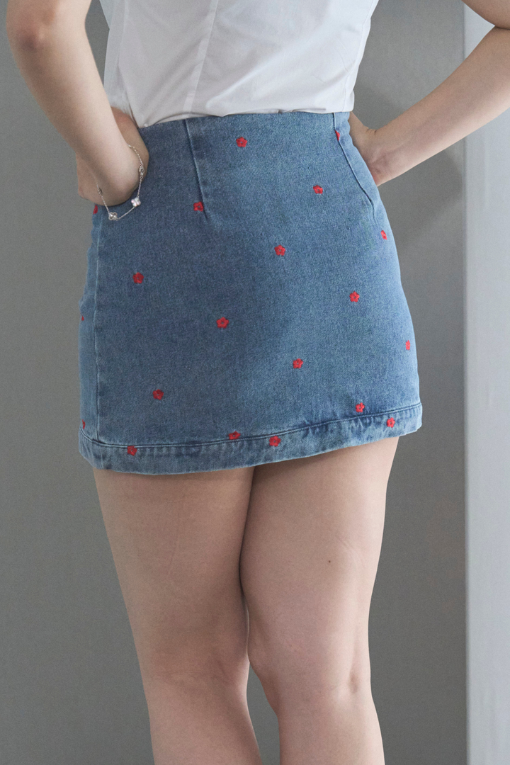 フラワー刺繍デニムミニスカート