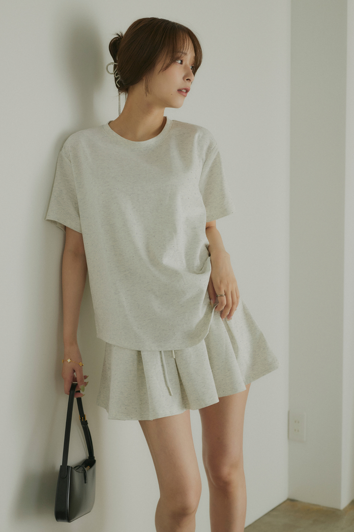 ストーン付サイドドロストTシャツ&ミニスカートセットアップ