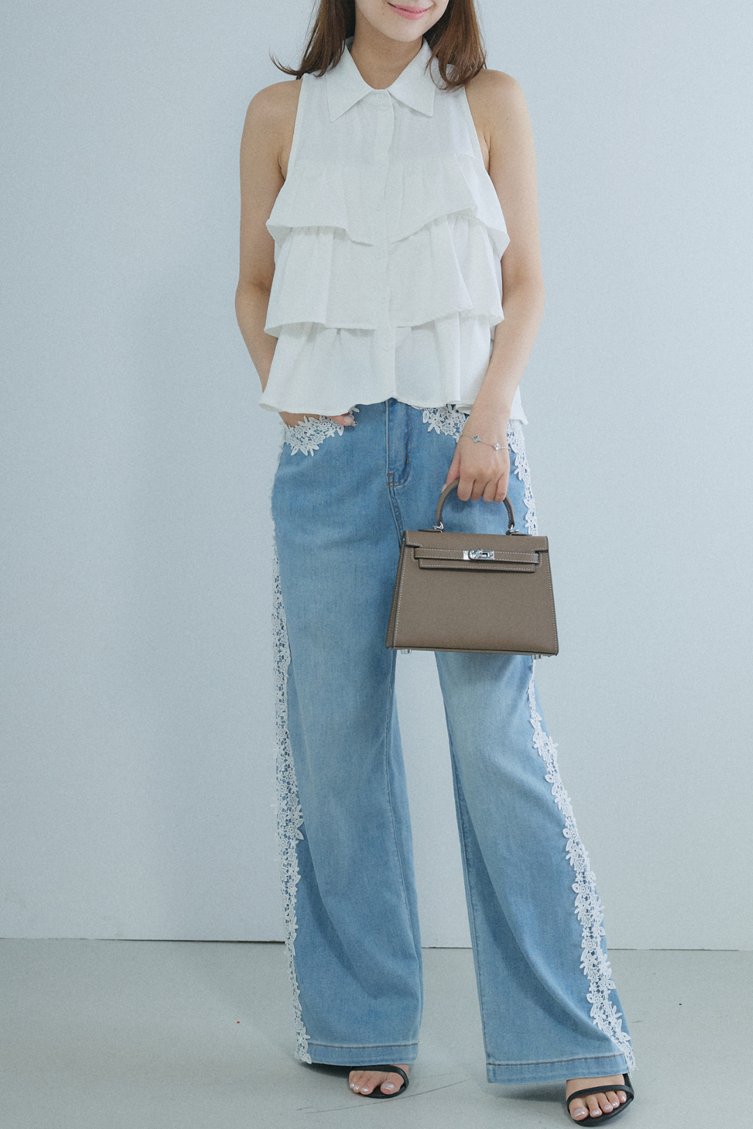 レースコンビデニムワイドパンツ