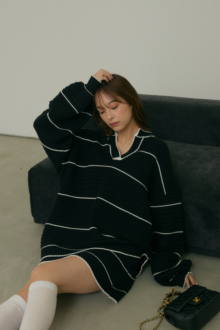 ボーダーVネックセットアップ
