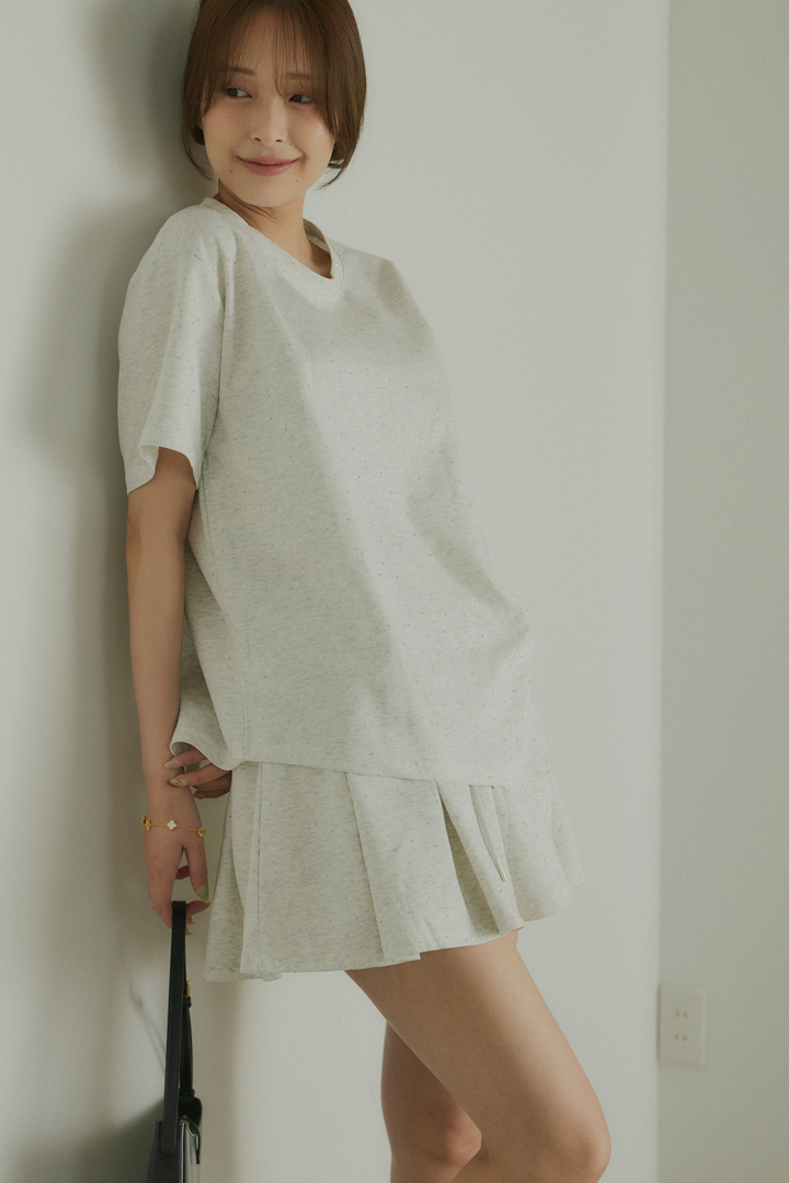 ストーン付サイドドロストTシャツ&ミニスカートセットアップ