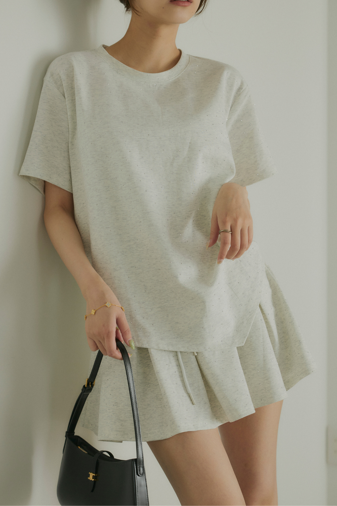 ストーン付サイドドロストTシャツ&ミニスカートセットアップ