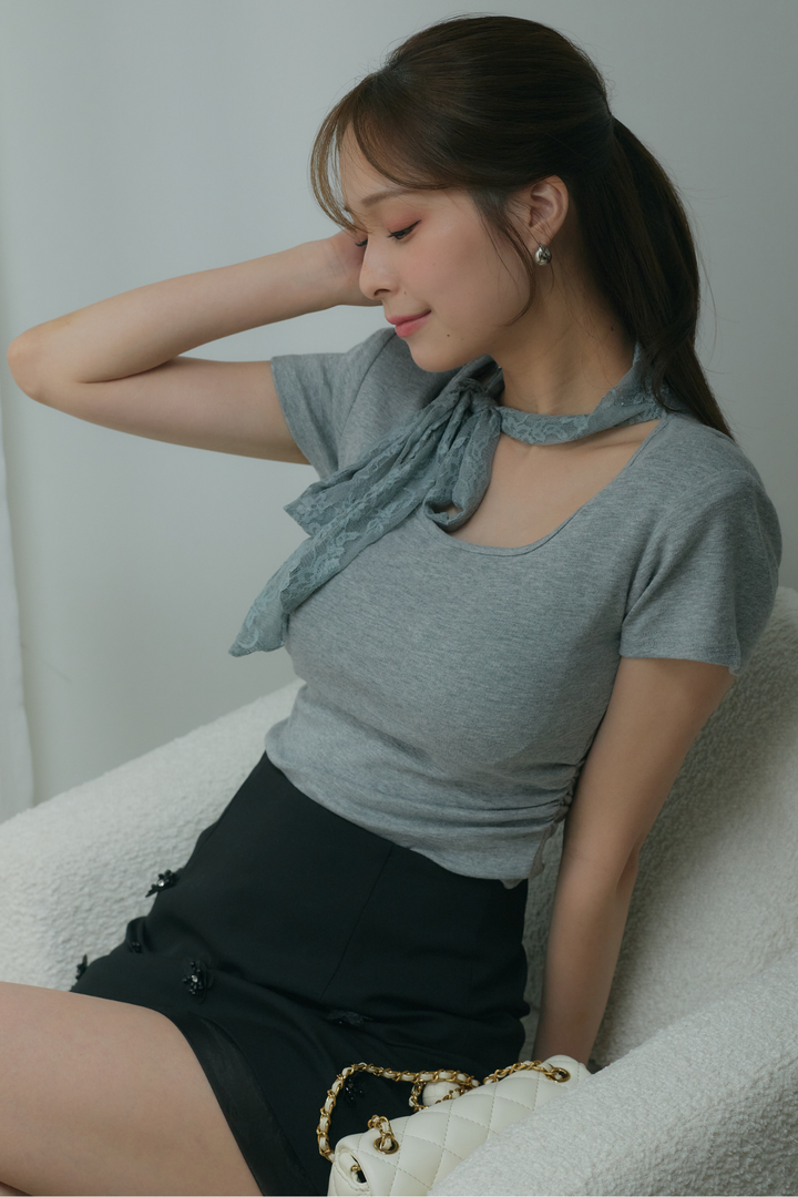 タイ付バックレースTシャツ