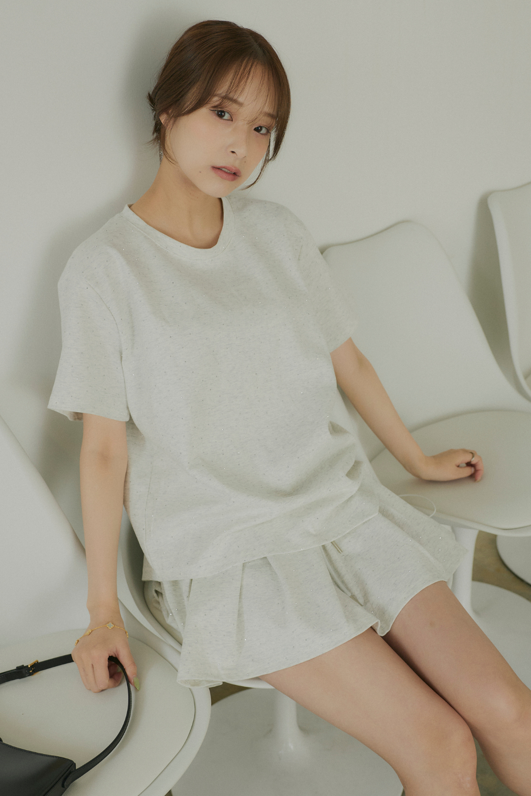 ストーン付サイドドロストTシャツ&ミニスカートセットアップ