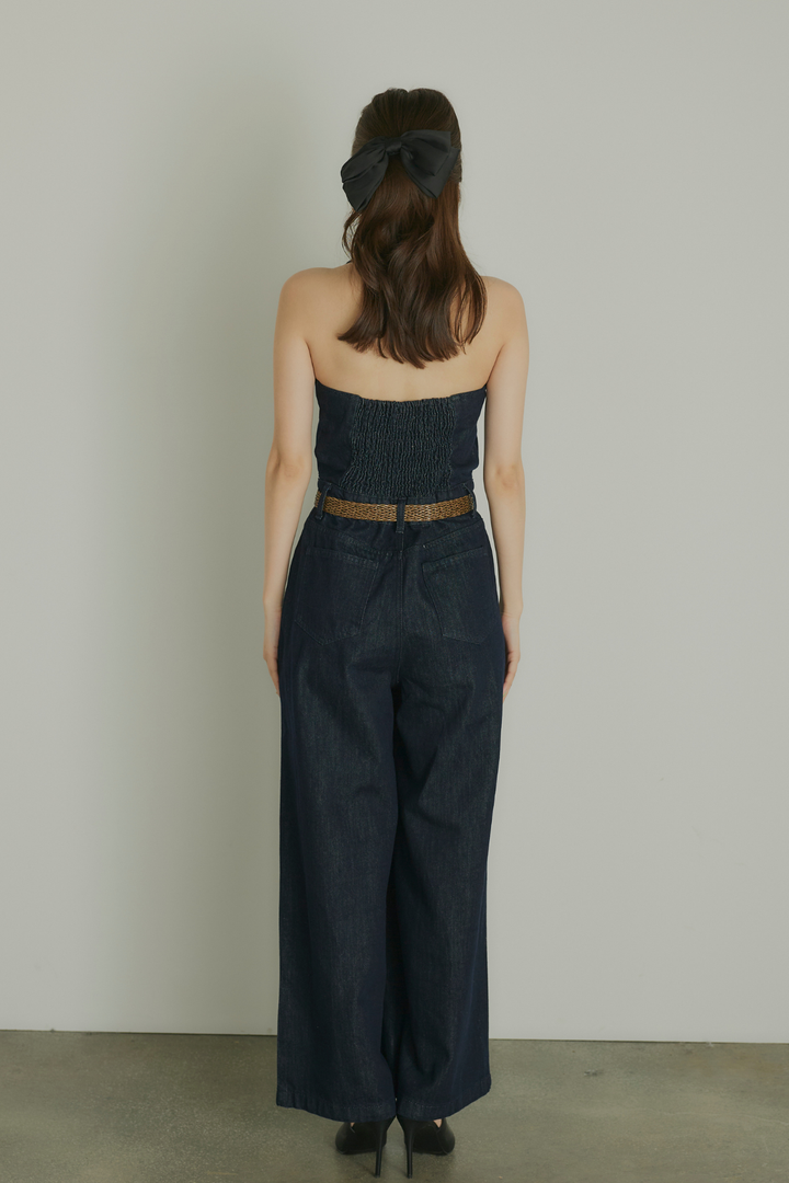ベルト付ホルターネックデニムロンパース