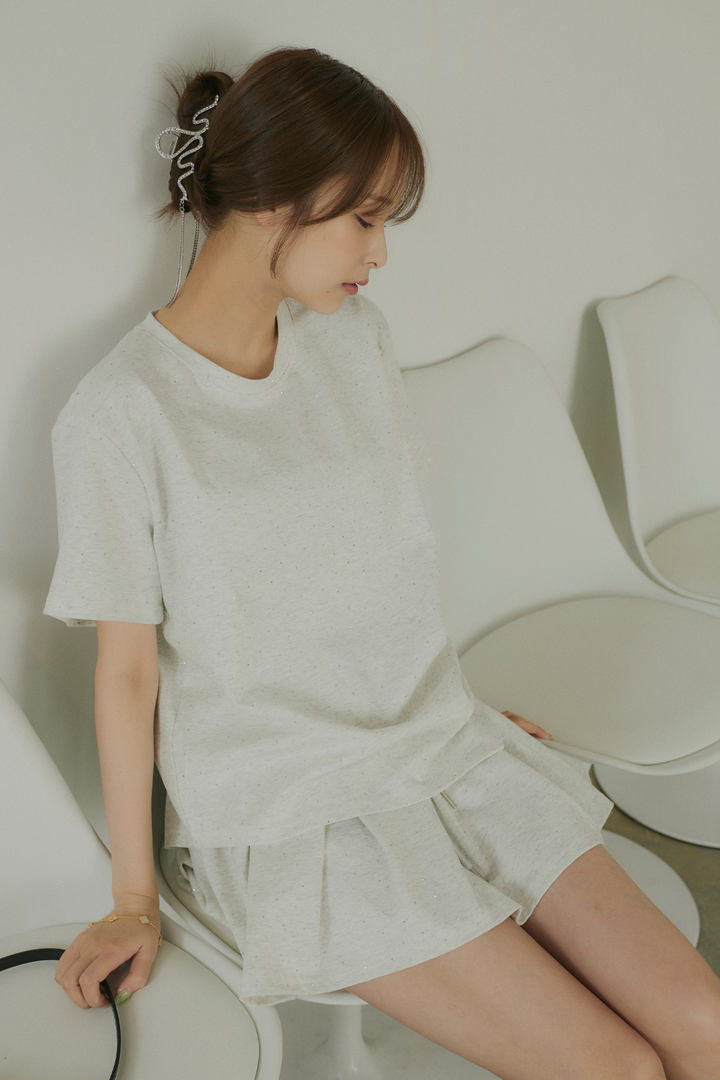 ストーン付サイドドロストTシャツ&ミニスカートセットアップ