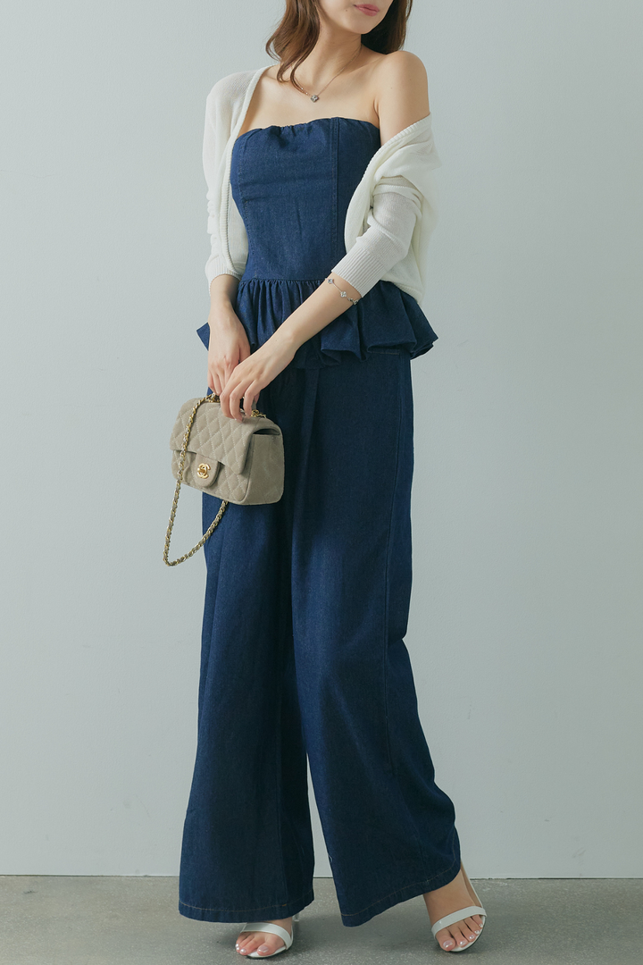 デニムフリルベアビスチェ×デニムワイドパンツ