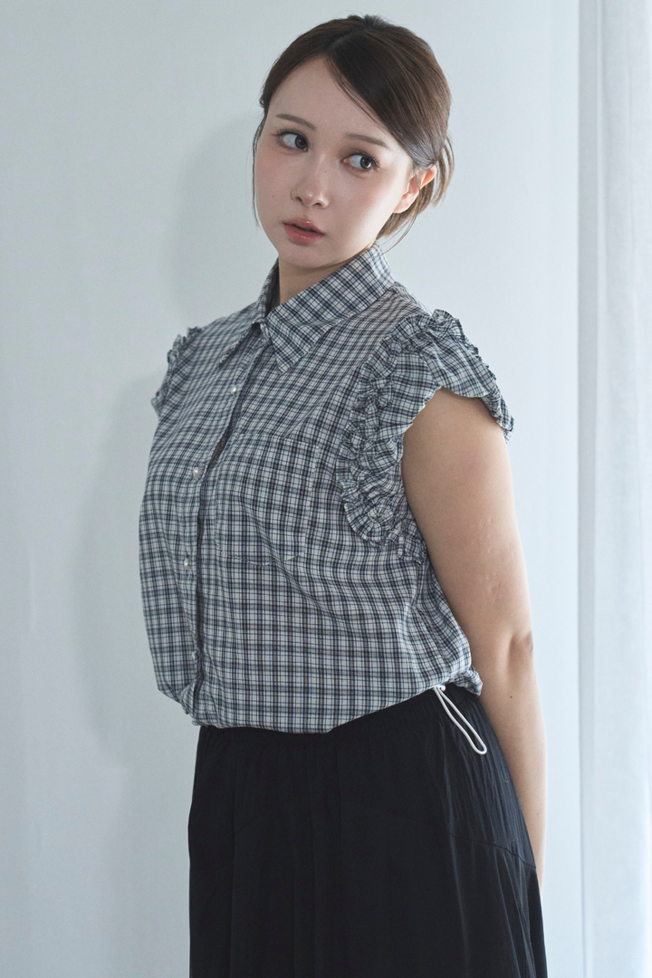 袖フリルコンパクトチェックシャツ