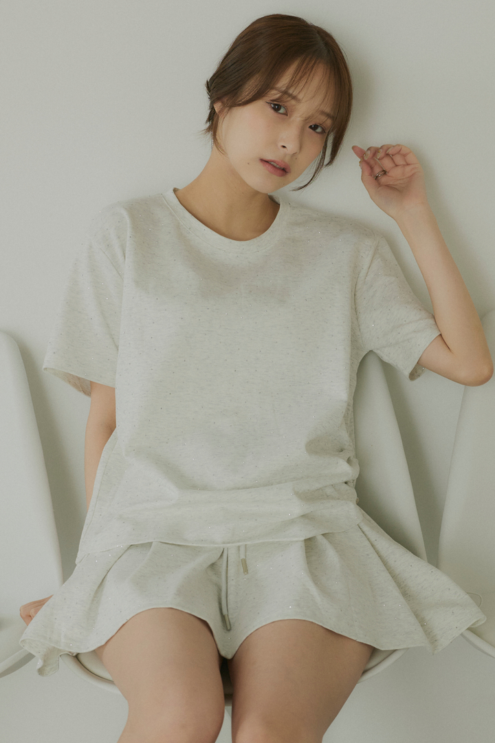 ストーン付サイドドロストTシャツ&ミニスカートセットアップ