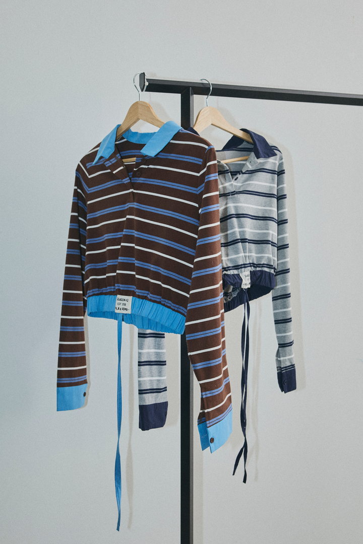 ストライプウエストギャザートップス