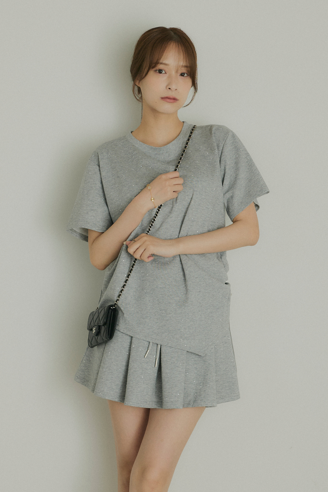 ストーン付サイドドロストTシャツ&ミニスカートセットアップ