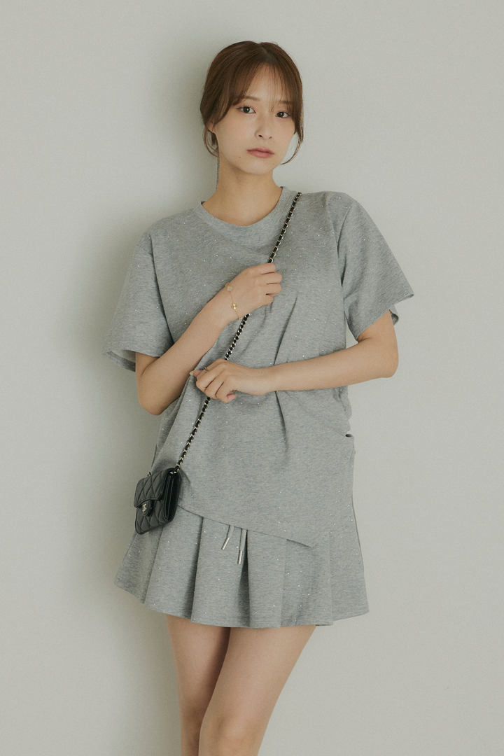ストーン付サイドドロストTシャツ&ミニスカートセットアップ