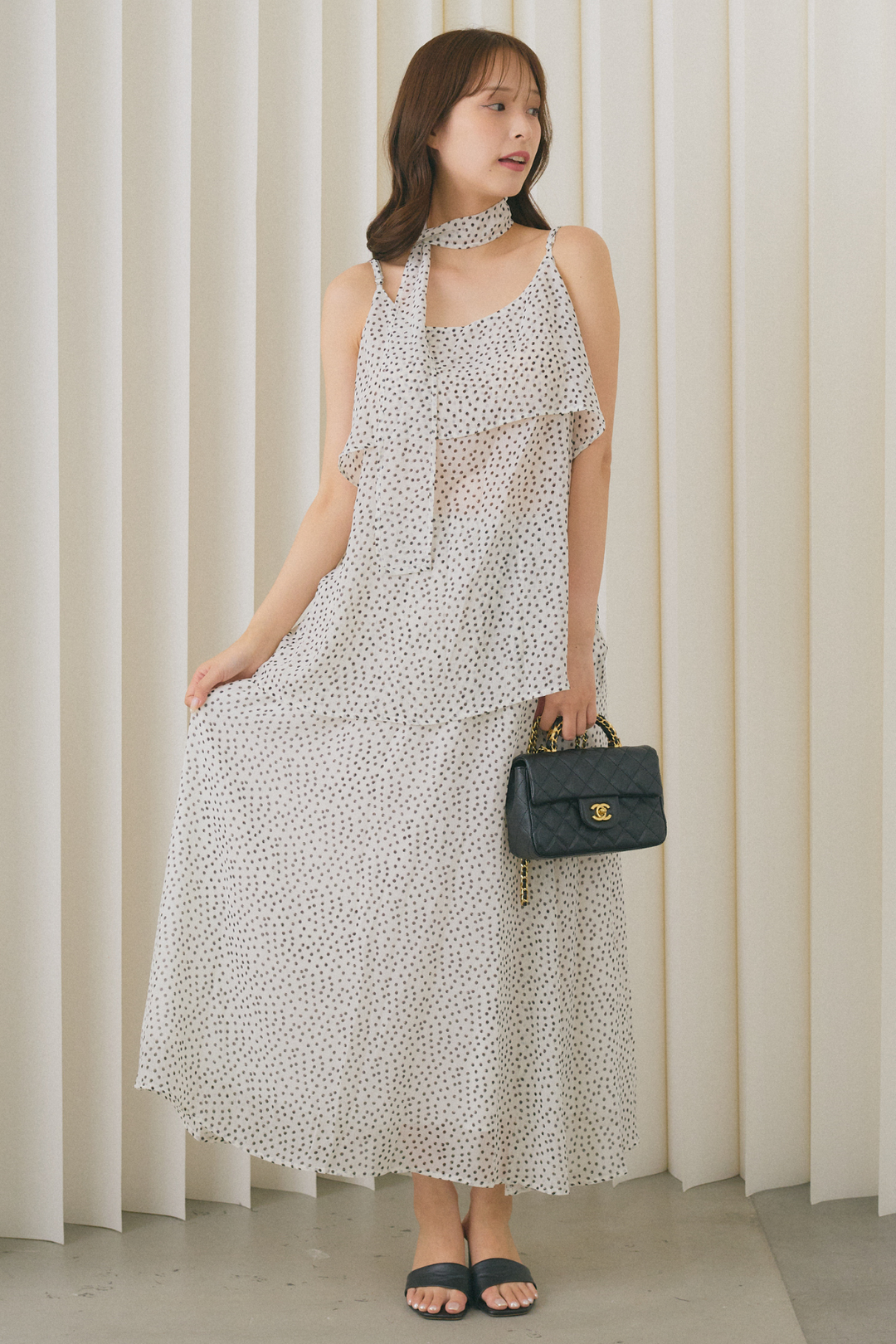 スカーフタイ付ドットブラウス×ロングスカートセット