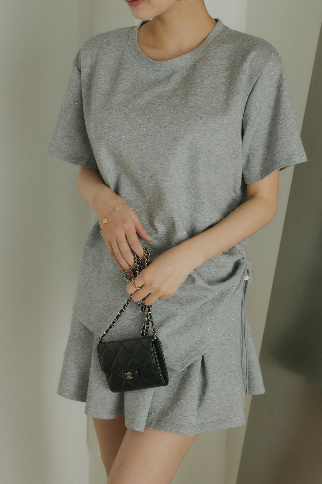 ストーン付サイドドロストTシャツ&ミニスカートセットアップ