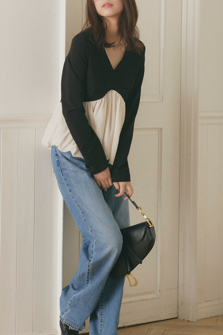 Vネックペプラムフレアトップス