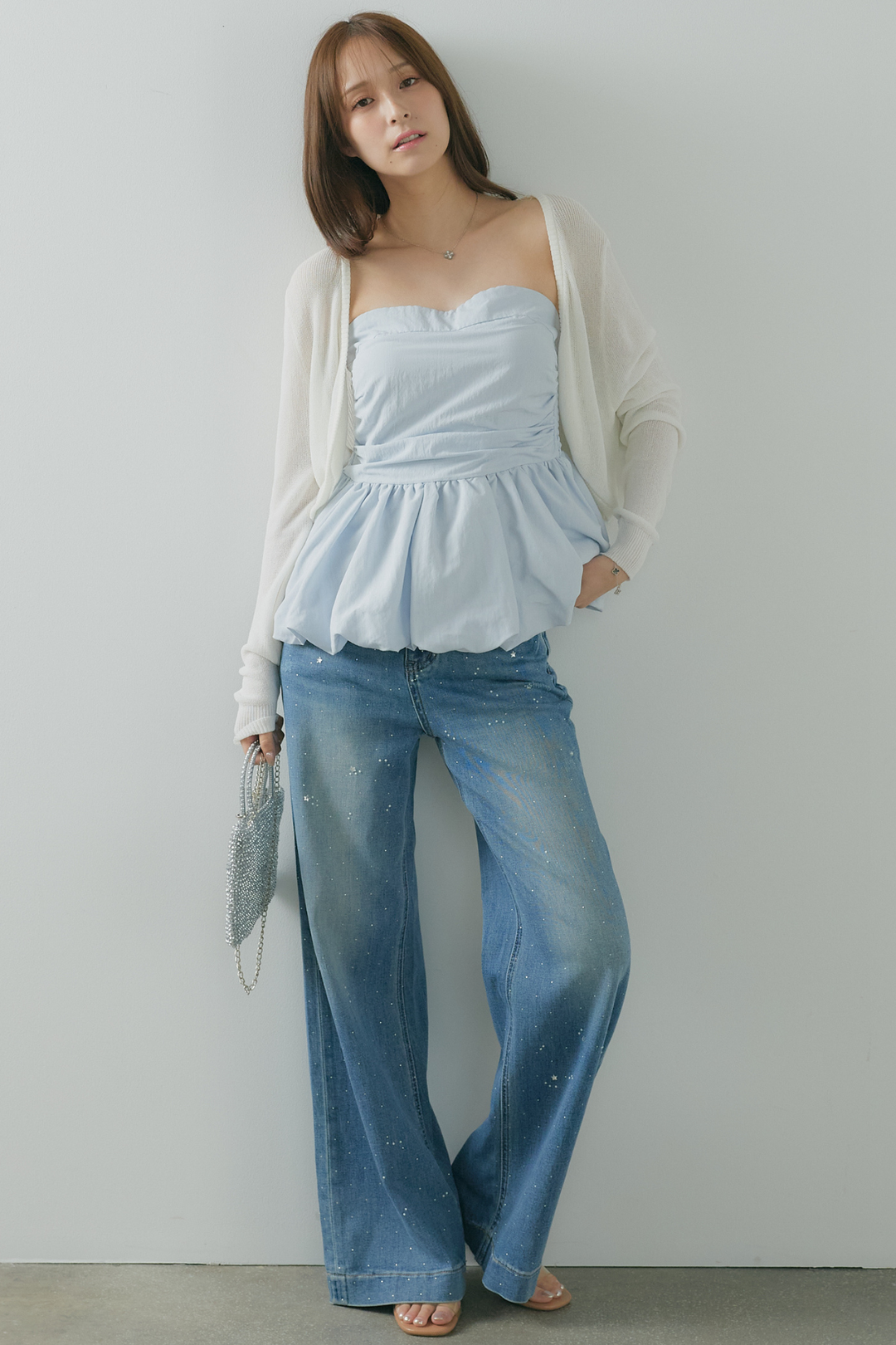 [SET]バルーンベアトップ＆シアーボレロセット+スターストーン付ワイドデニムパンツ(2set)