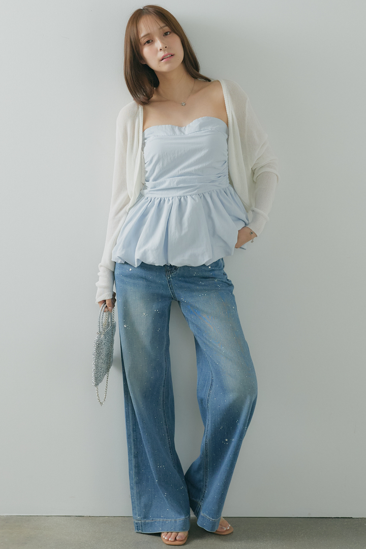 [SET]バルーンベアトップ＆シアーボレロセット+スターストーン付ワイドデニムパンツ(2set)
