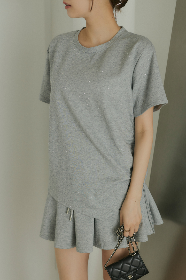 ストーン付サイドドロストTシャツ&ミニスカートセットアップ