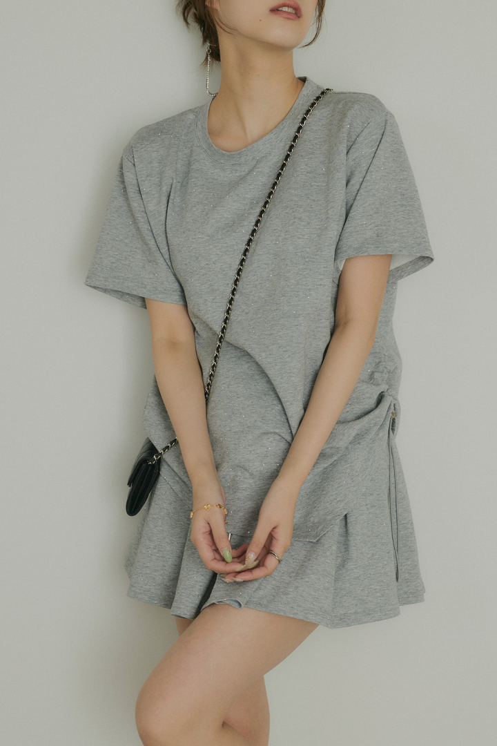 ストーン付サイドドロストTシャツ&ミニスカートセットアップ