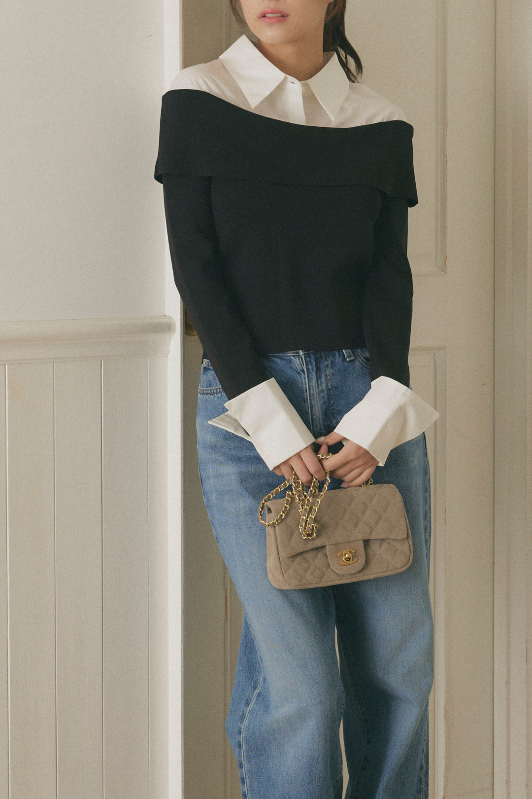 オフショルシャツドッキングニット