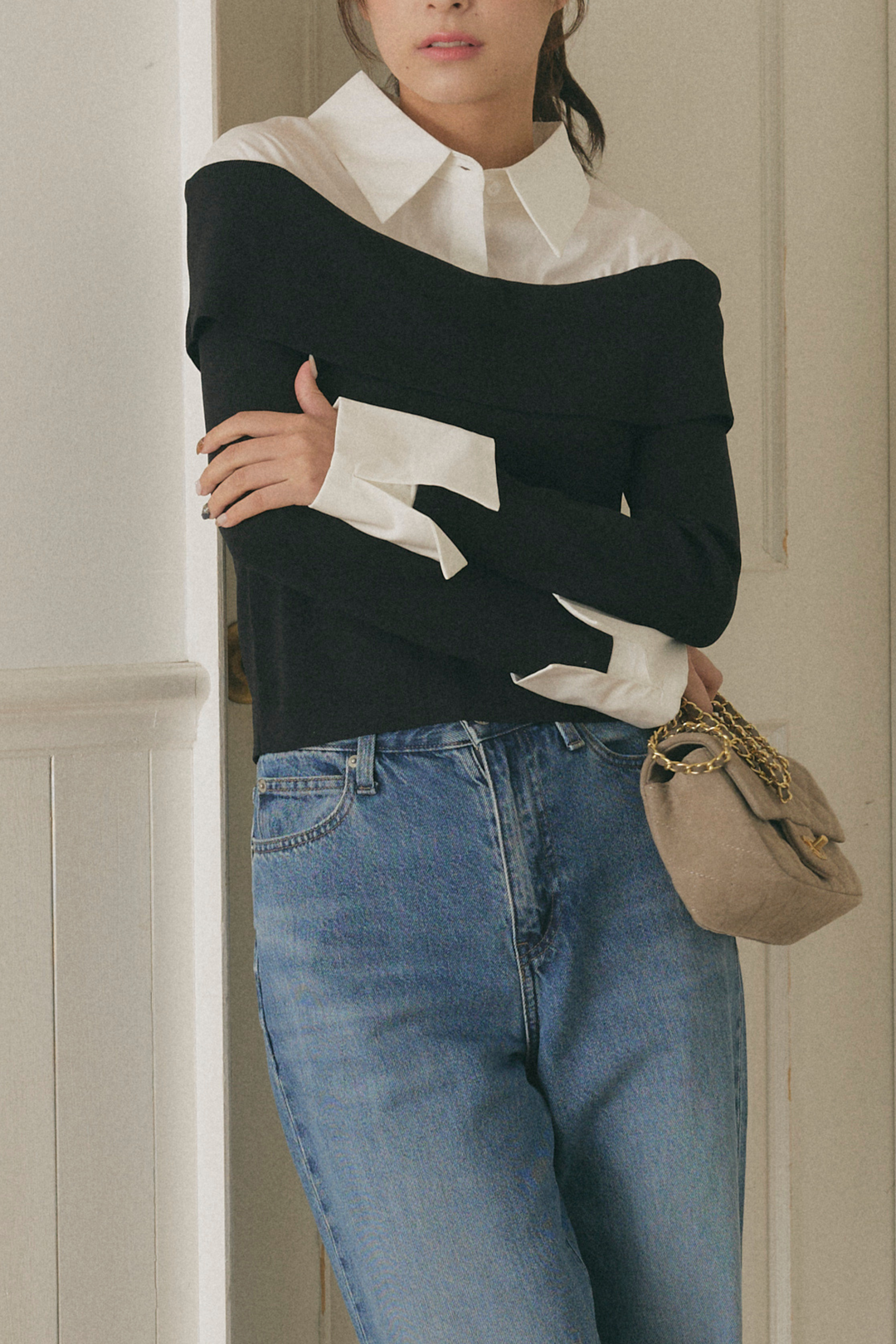 オフショルシャツドッキングニット