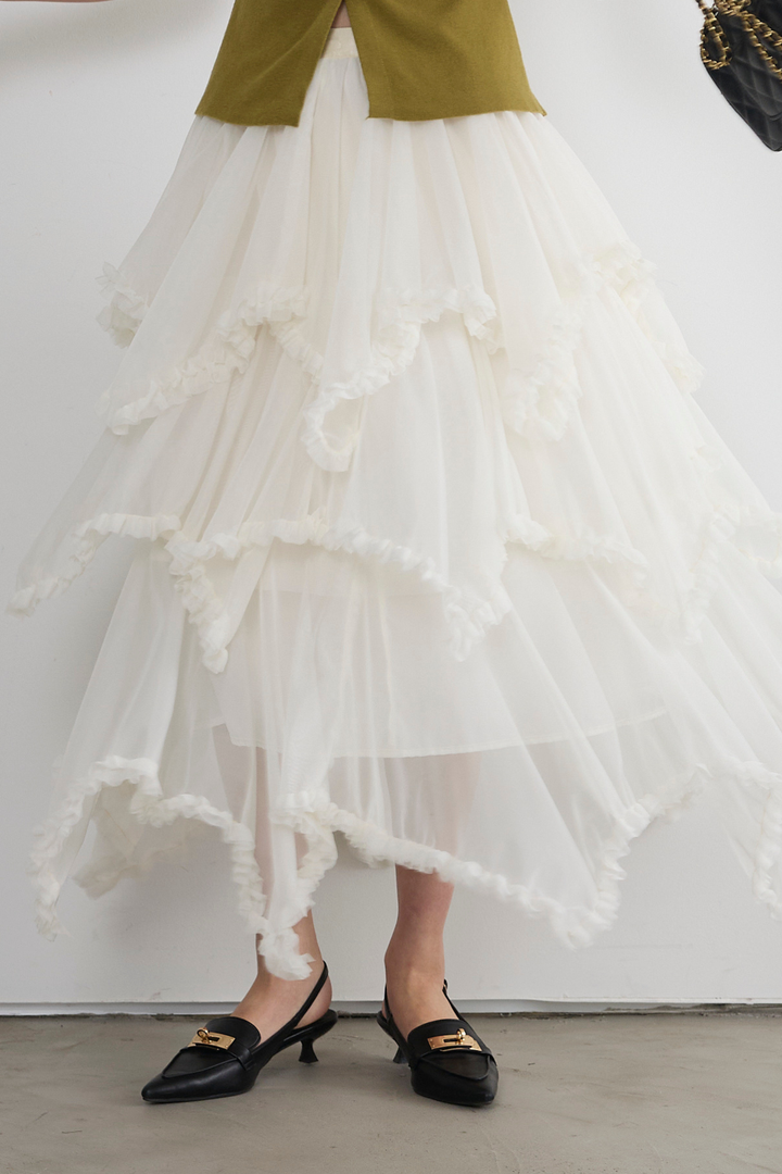 チュールティアードロングスカート