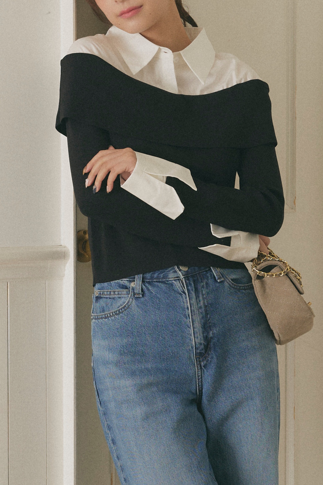 オフショルシャツドッキングニット