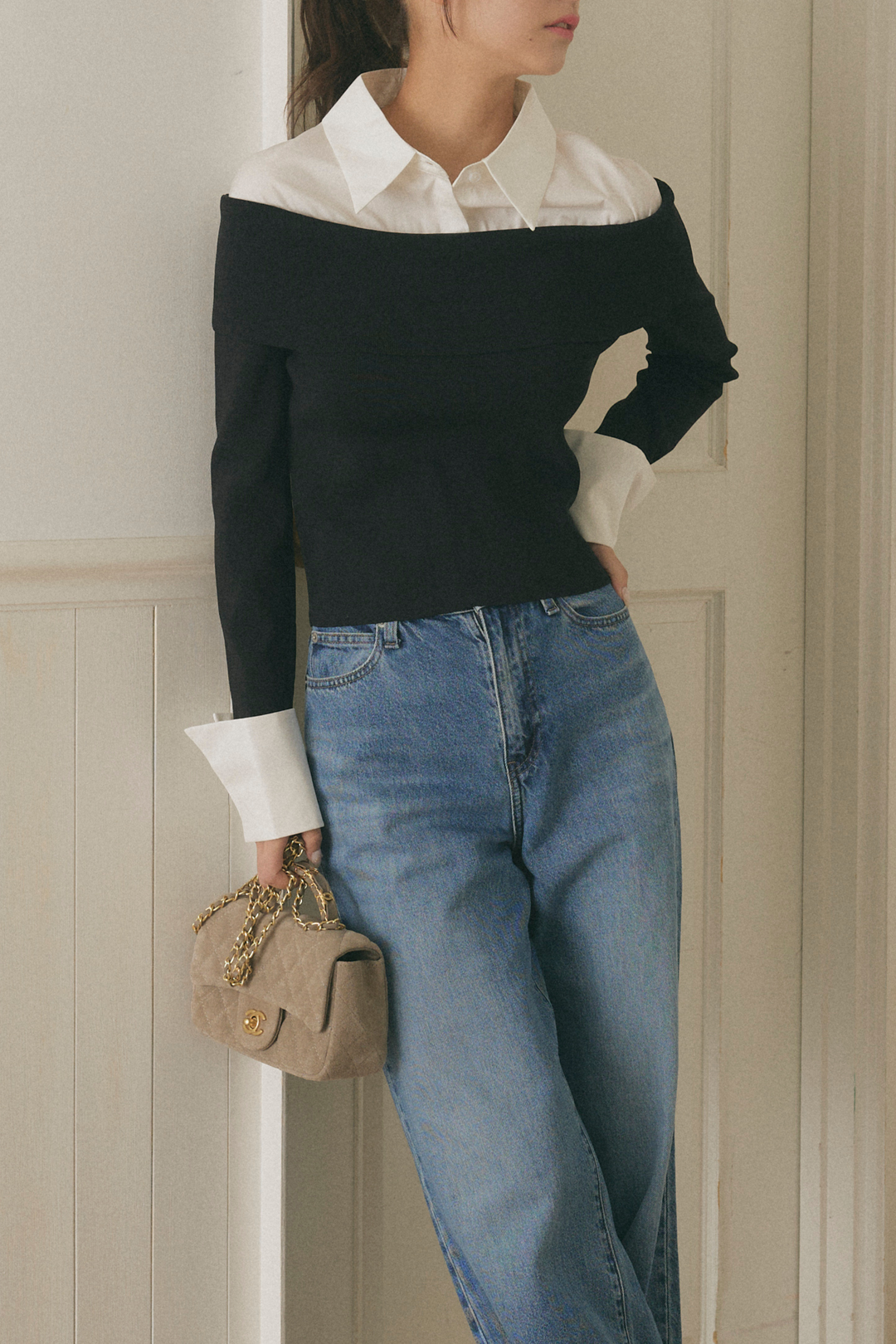 オフショルシャツドッキングニット