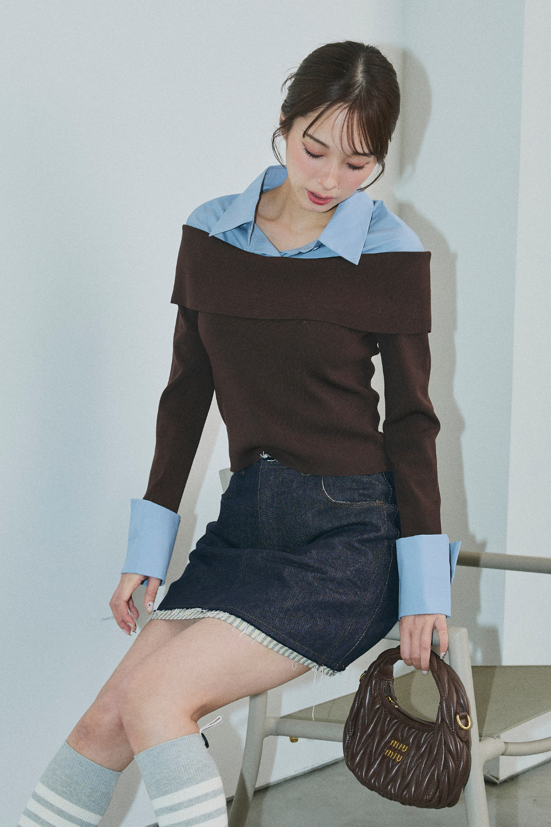 オフショルシャツドッキングニット