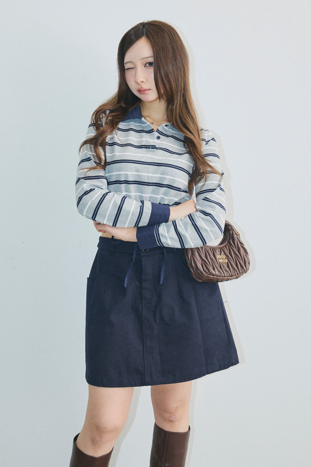 ストライプウエストギャザートップス