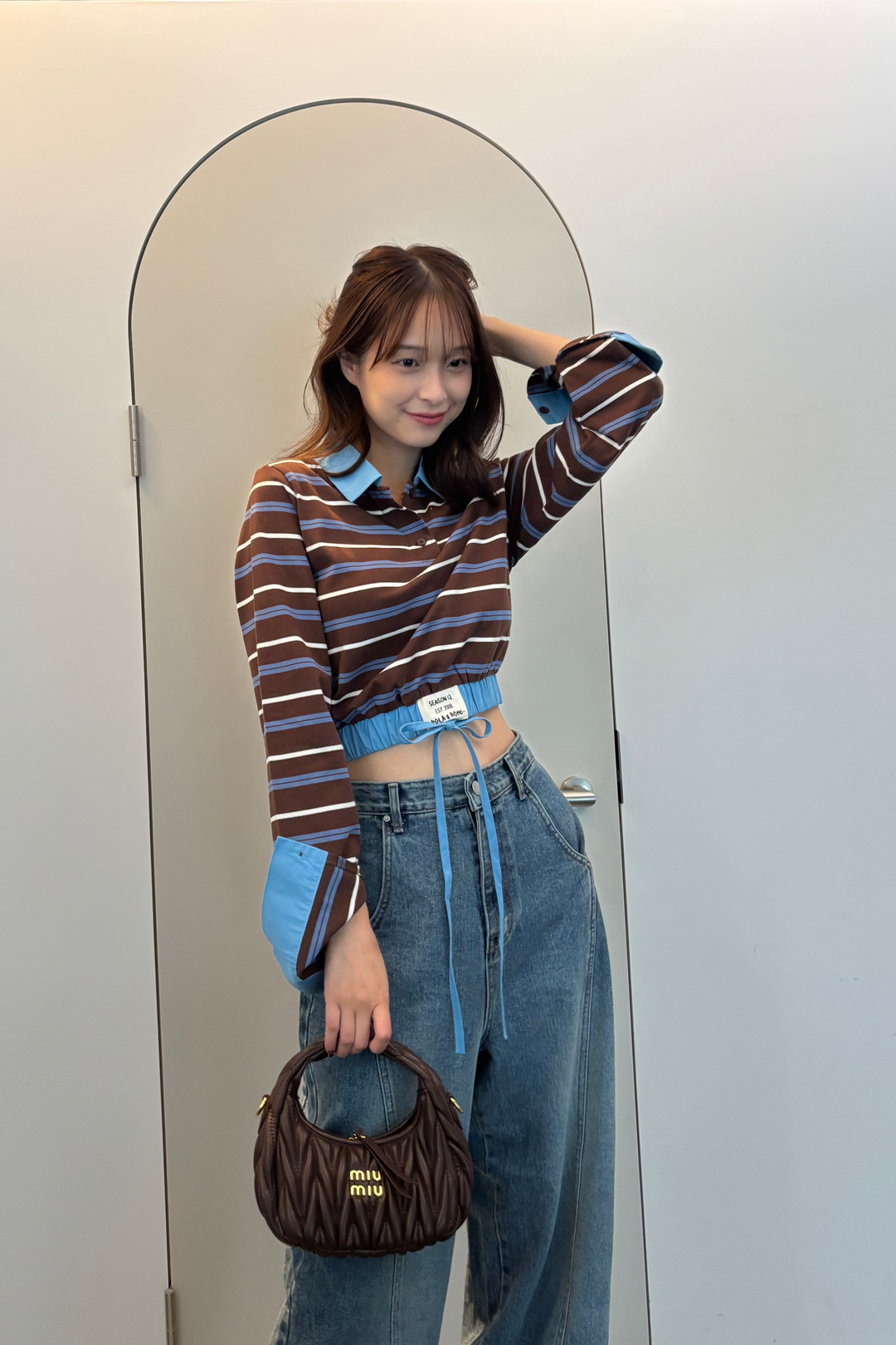 ストライプウエストギャザートップス