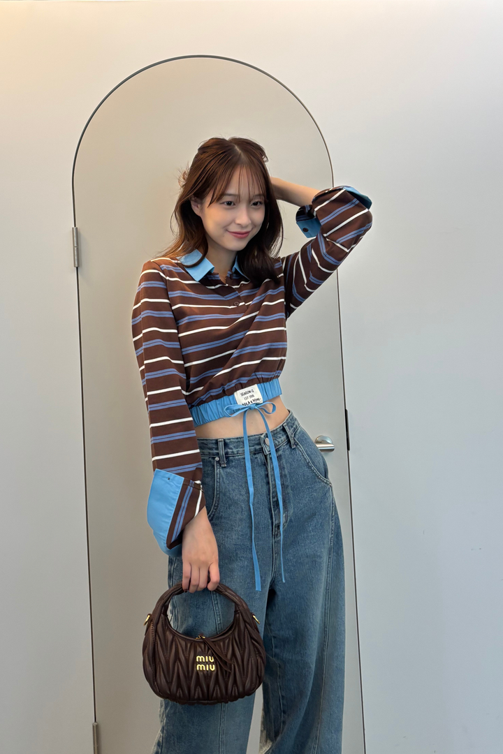 ストライプウエストギャザートップス