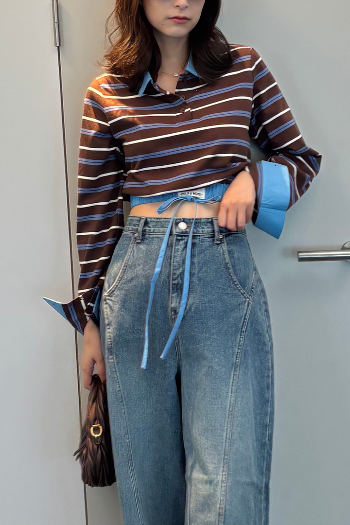 ストライプウエストギャザートップス